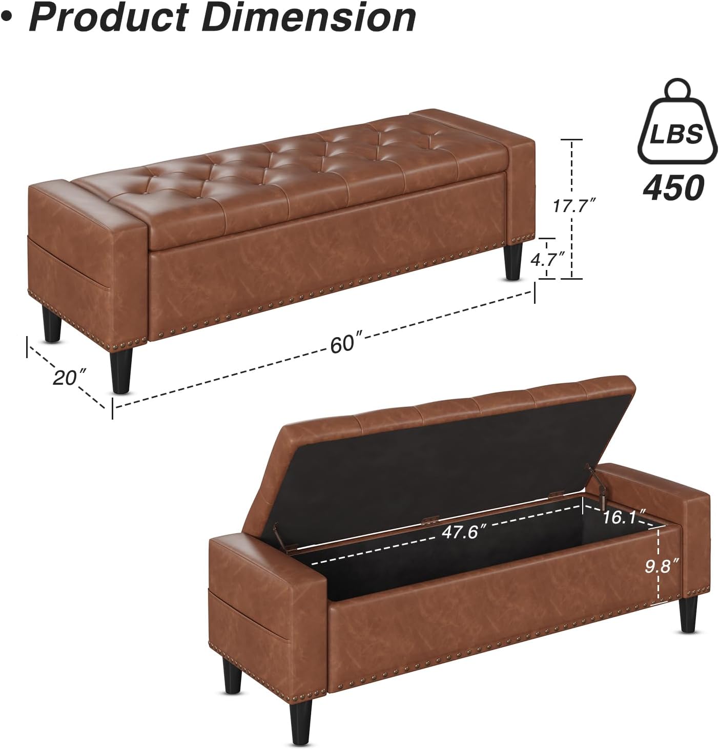 Brown 60" Faux Leather Storage Bench