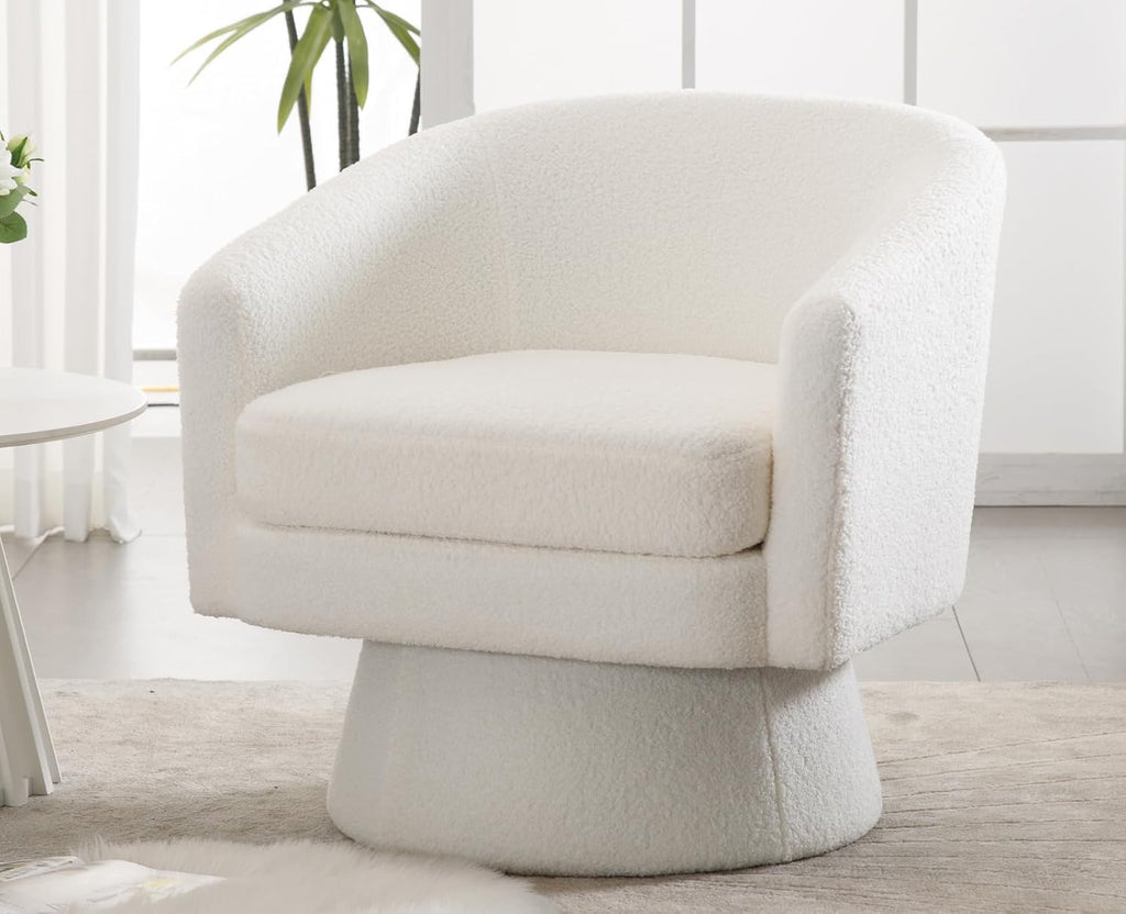 White Sherpa Boucle Swivel Barrel Chair
