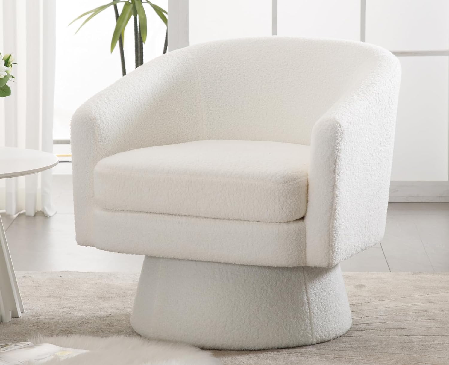 White Sherpa Boucle Swivel Barrel Chair