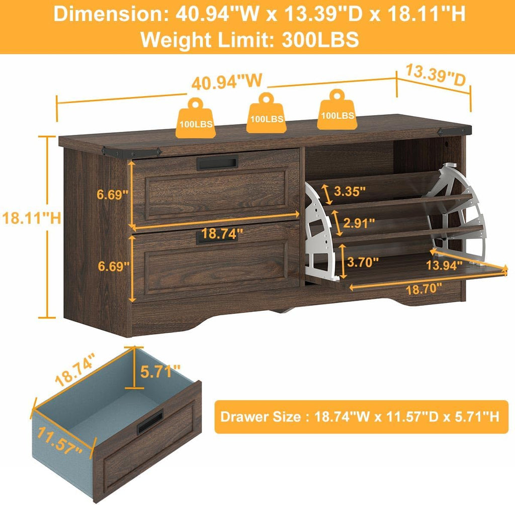 Dark Walnut Flip Door Drawer Shoe Storage Bench