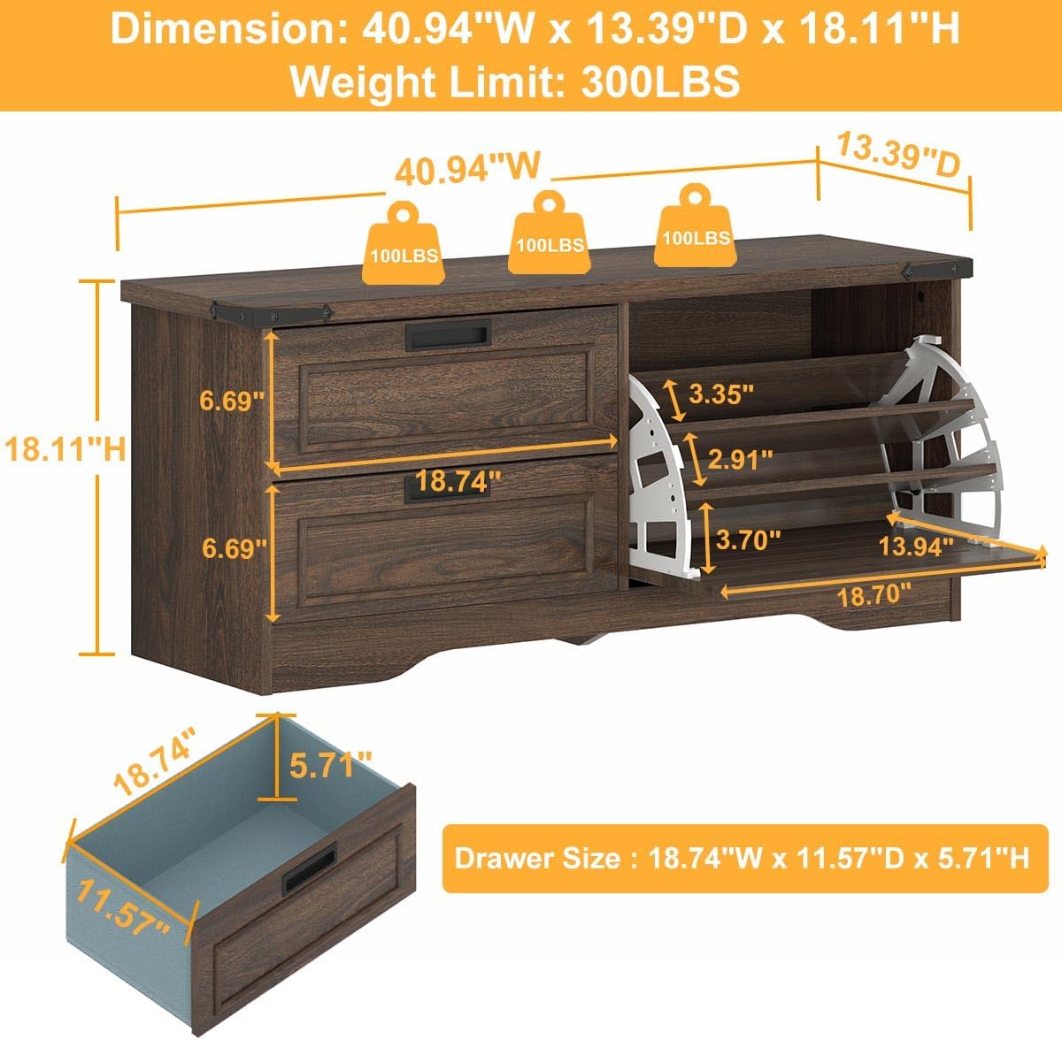 Dark Walnut Flip Door Drawer Shoe Storage Bench