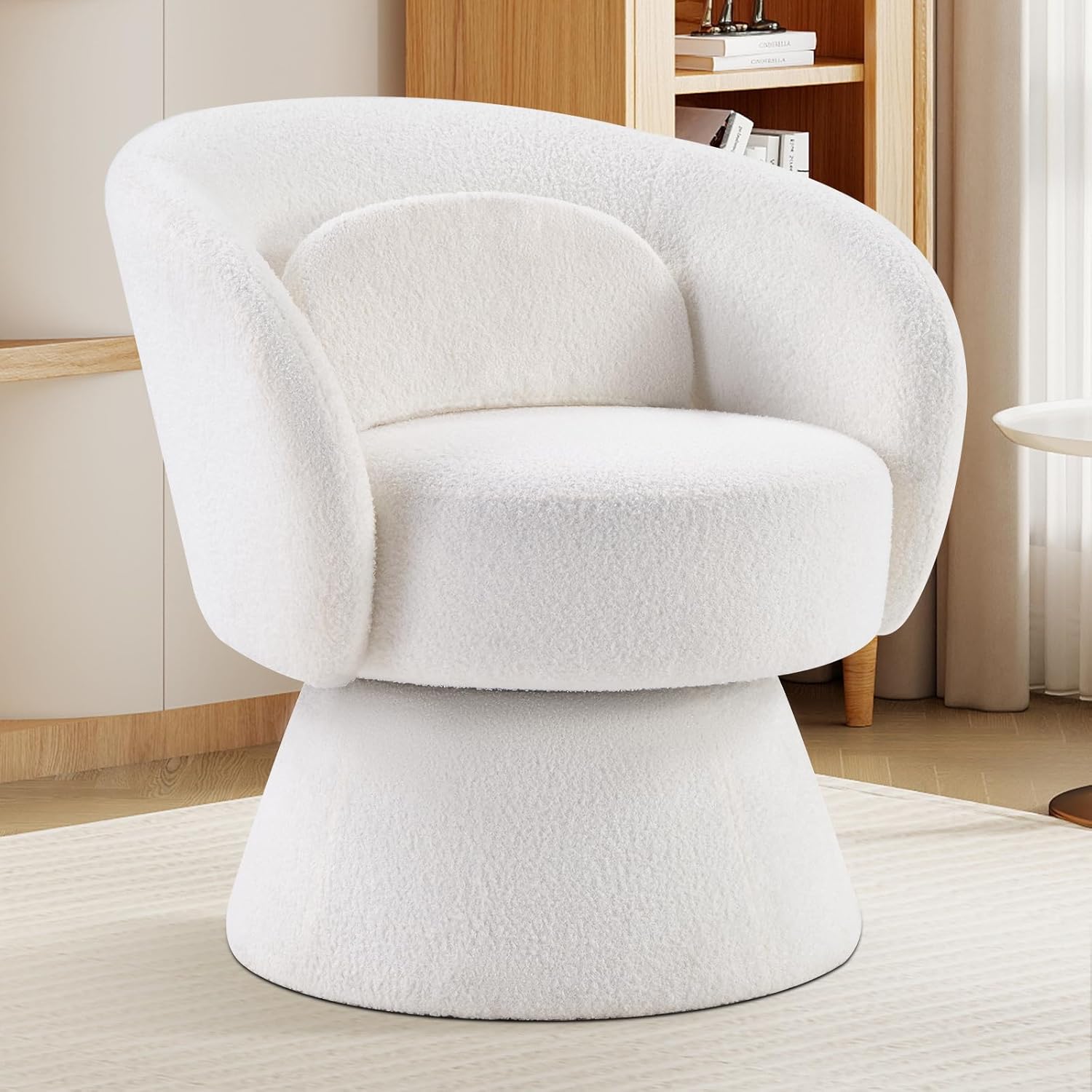 Beige Lamb Wool 360° Swivel Barrel Chair