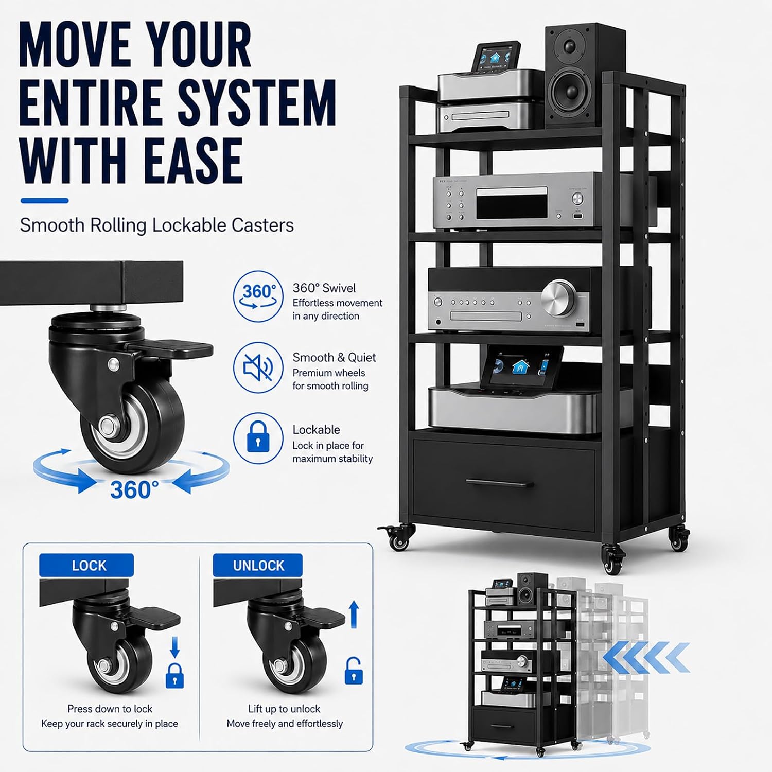 4-Tier Rolling Audio Rack with Drawer