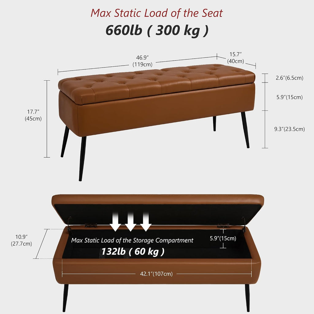 Brown Leather Storage Ottoman Bench