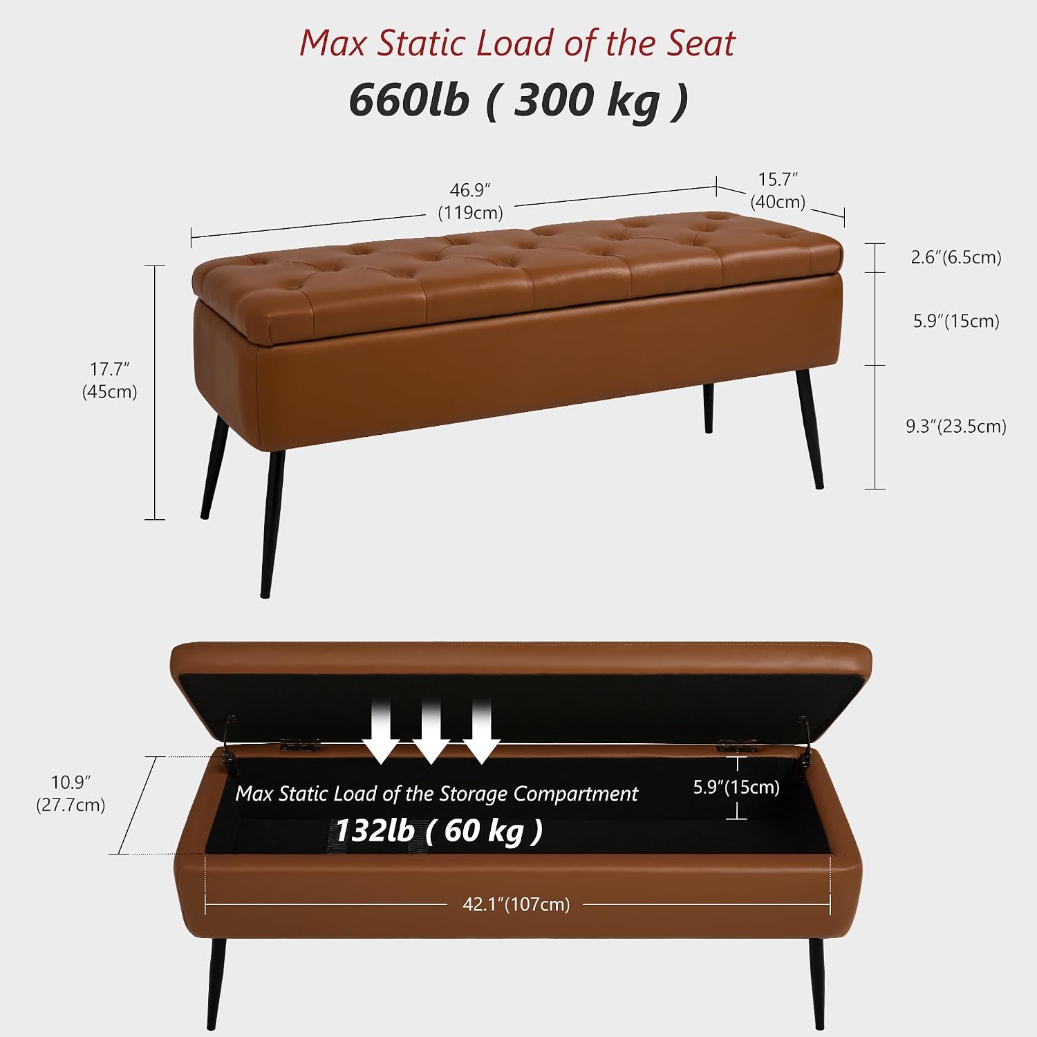 Brown Leather Storage Ottoman Bench