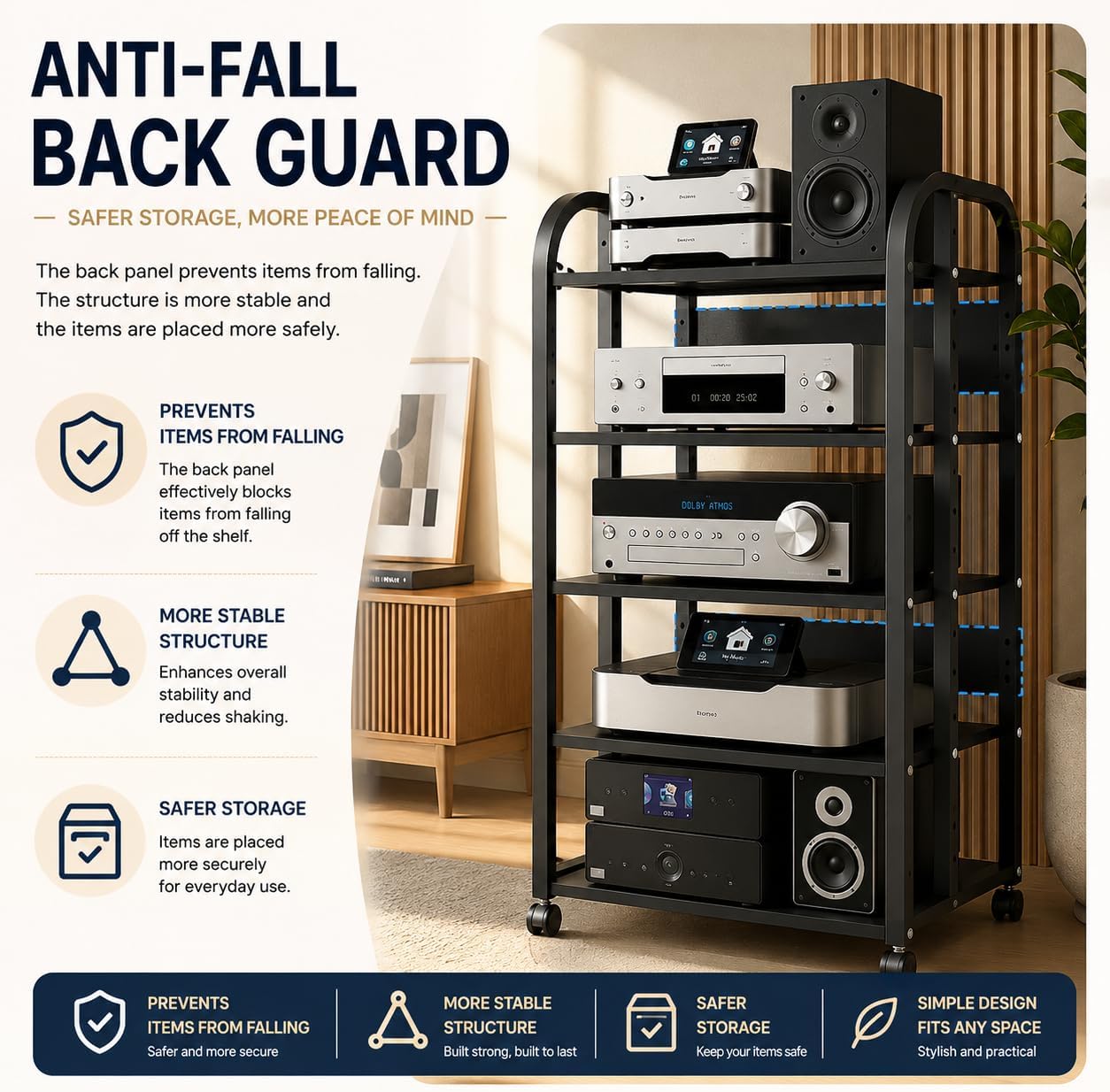 Black 5-Tier Rolling AV Rack Tower