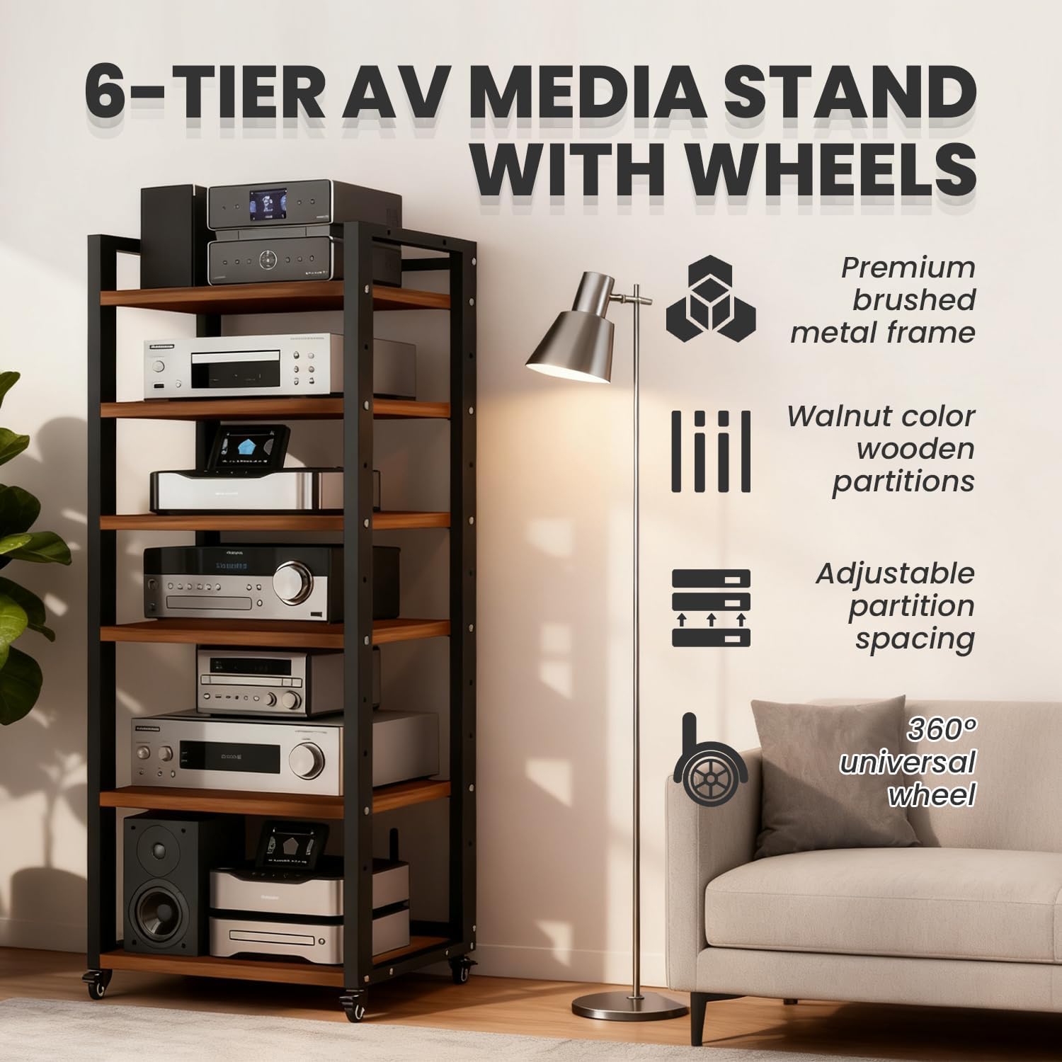 6-Tier Rolling AV Media Stand