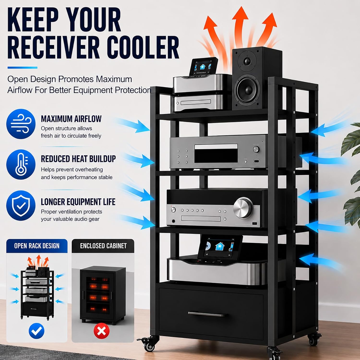4-Tier Rolling Audio Rack with Drawer