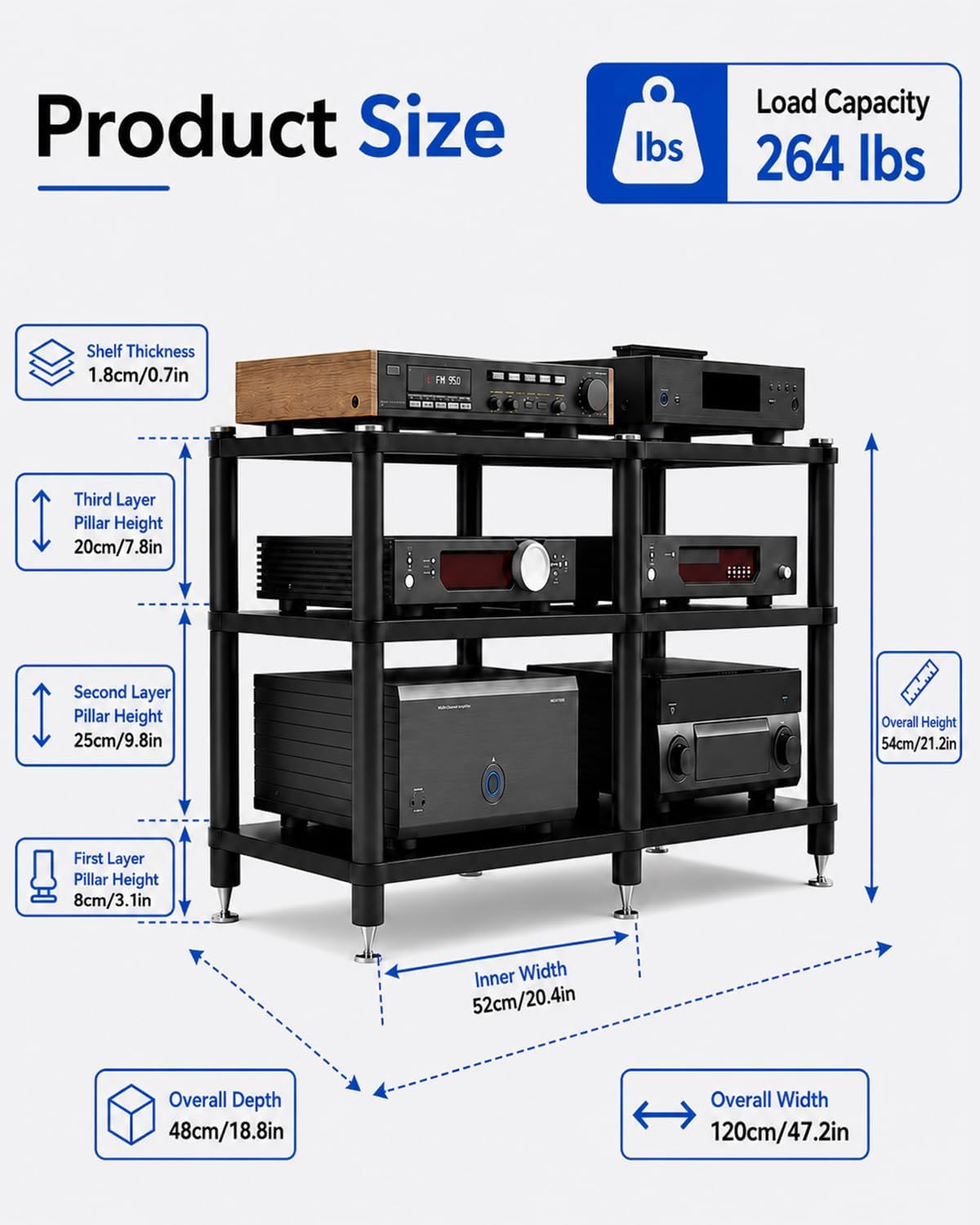 Black 47.2" 3-Tier AV Media Stand