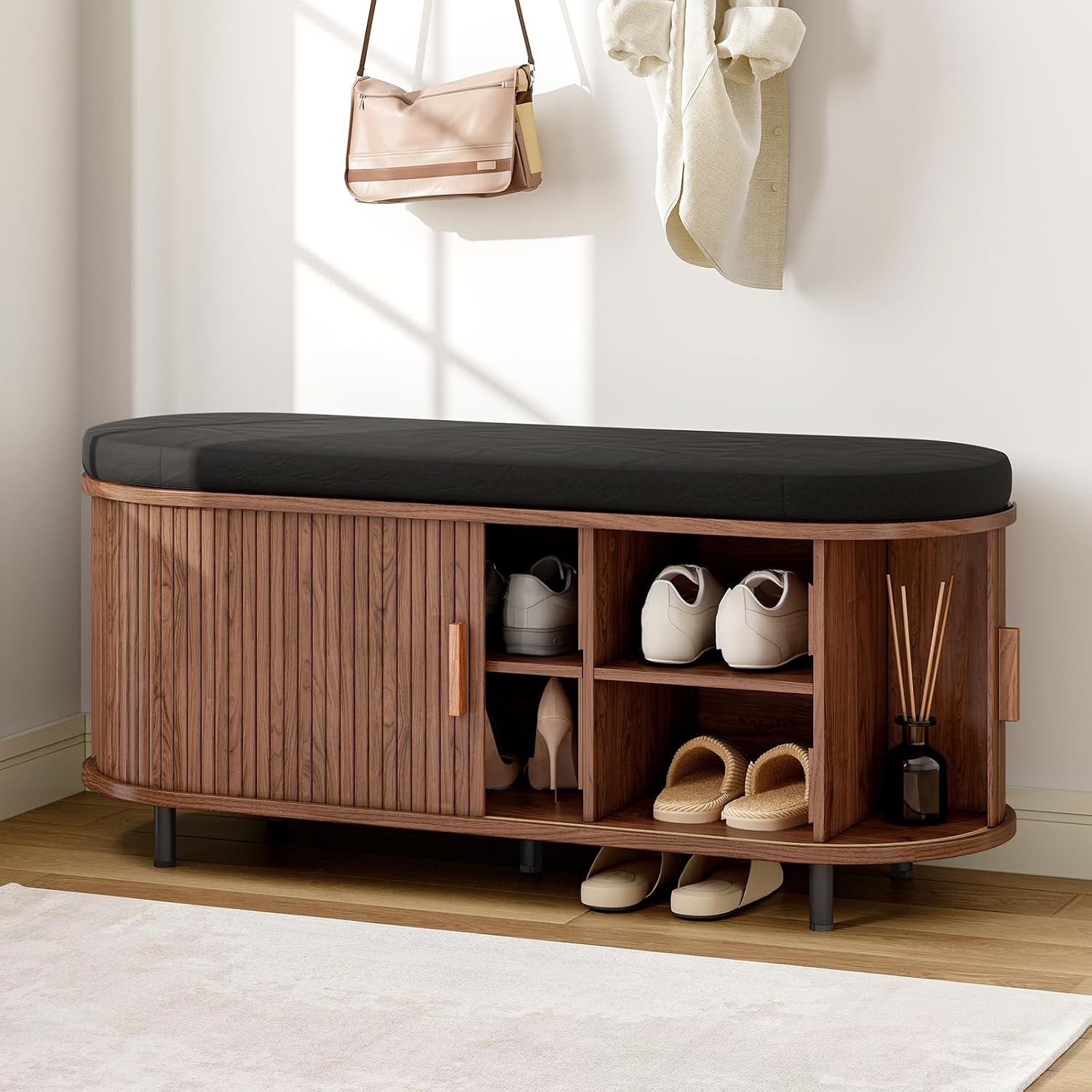 Walnut 43" Fluted Shoe Bench
