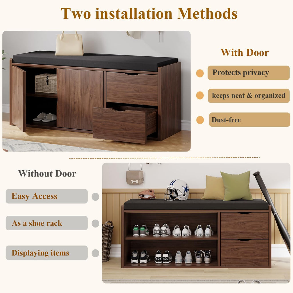 Walnut Oak 40" Entryway Shoe Storage Bench With Drawers