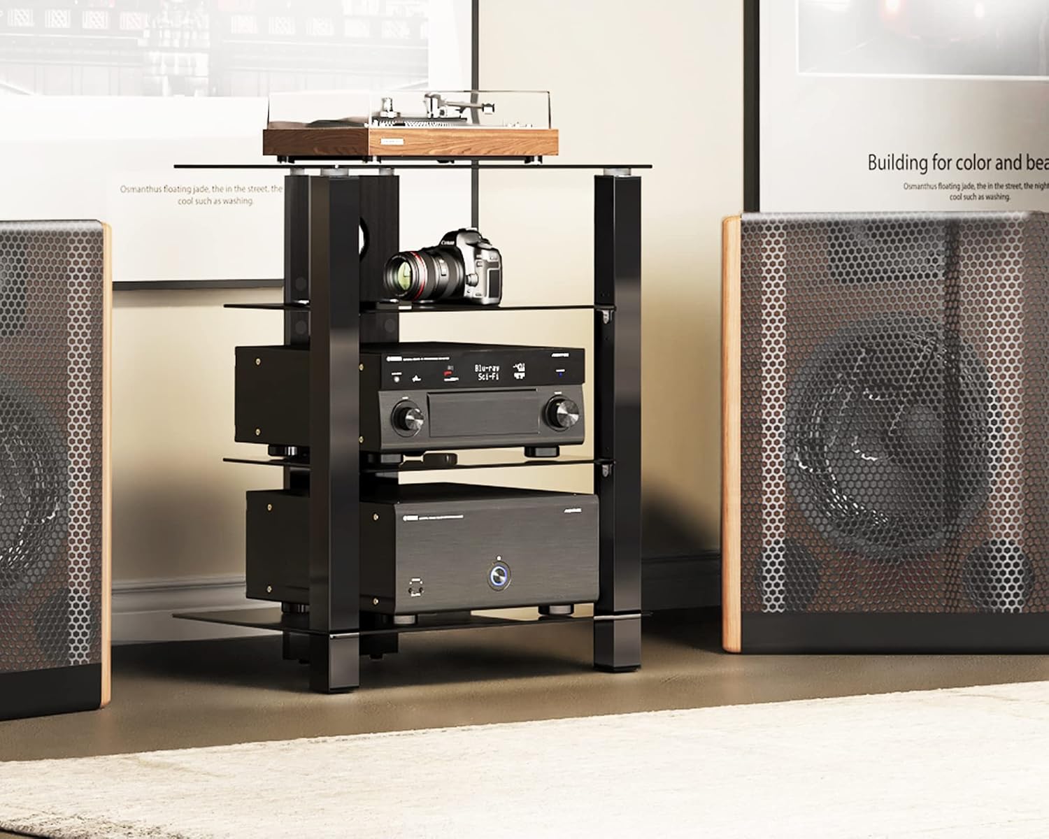 Black 4-Tier AV Media Cabinet
