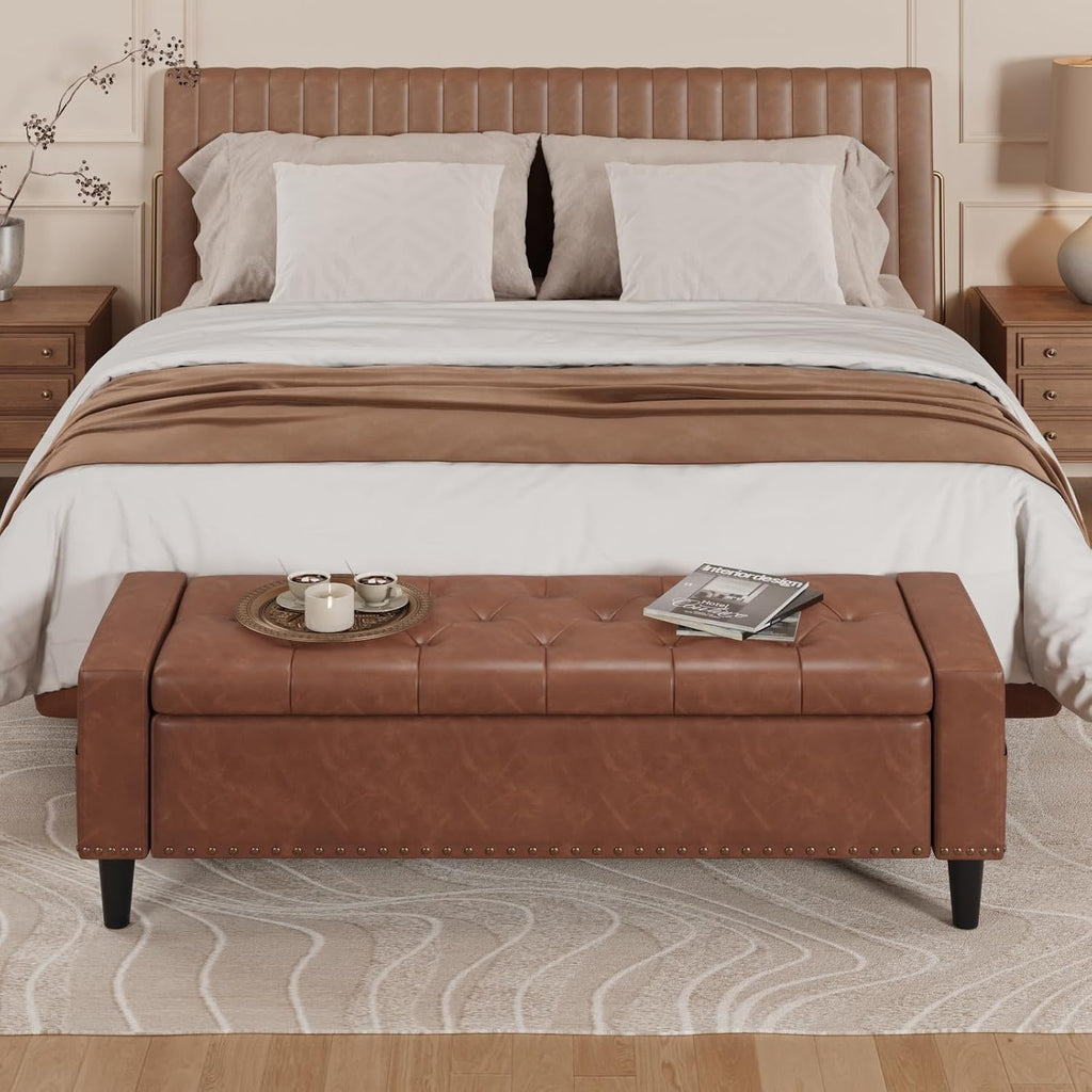 Brown 60" Faux Leather Storage Bench
