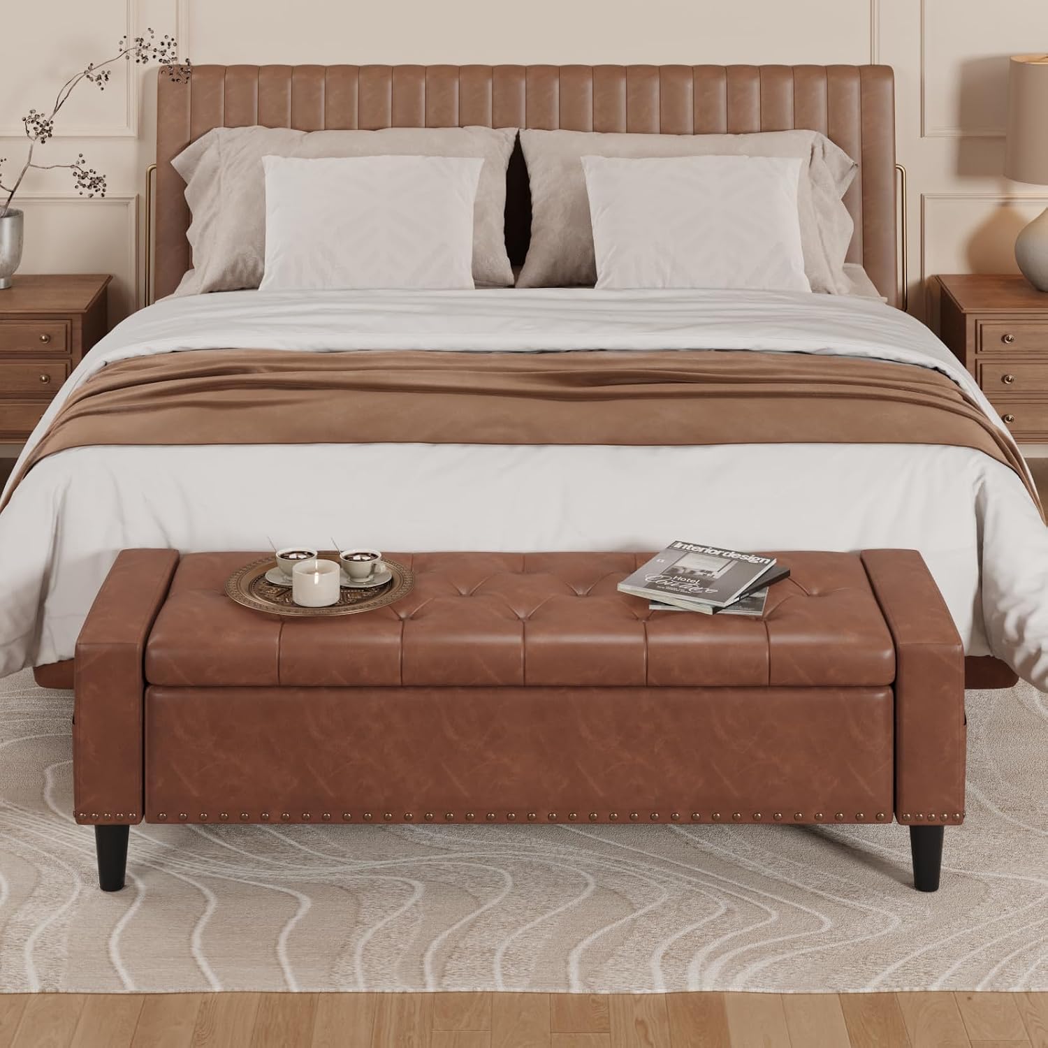Brown 60" Faux Leather Storage Bench