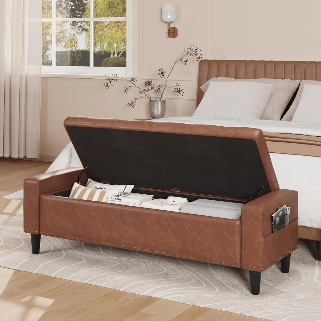 Brown 60" Faux Leather Storage Bench