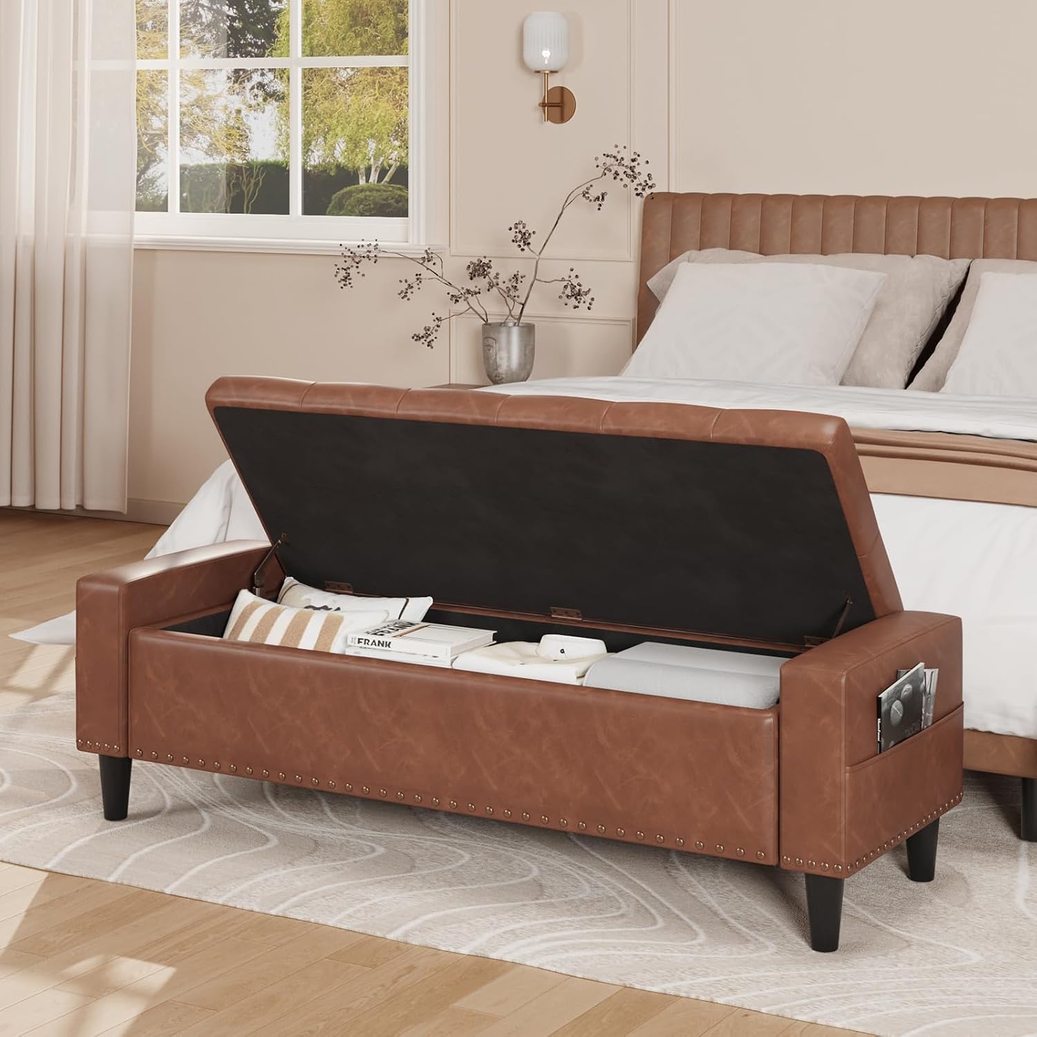Brown 60" Faux Leather Storage Bench