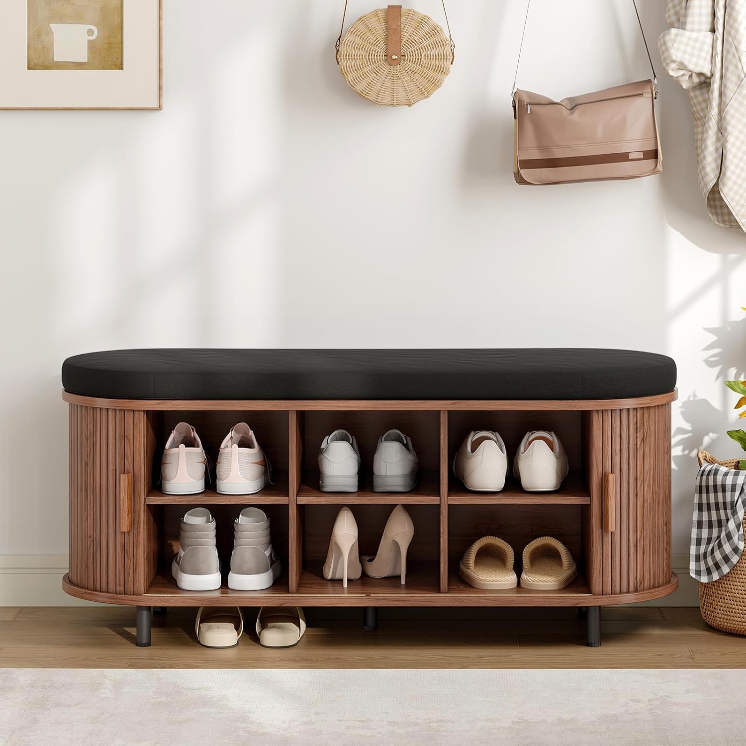Walnut 43" Fluted Shoe Bench