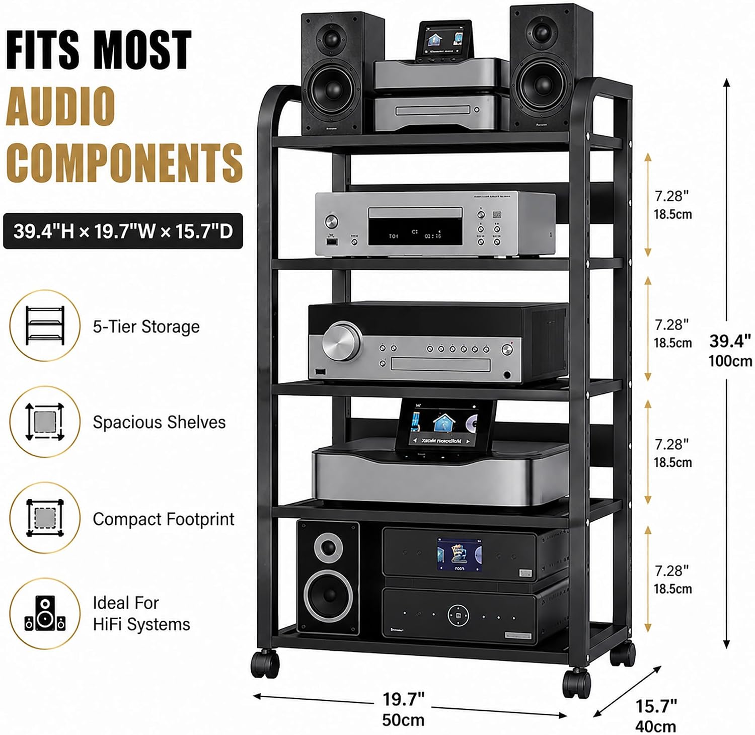 Black 5-Tier Rolling AV Rack Tower