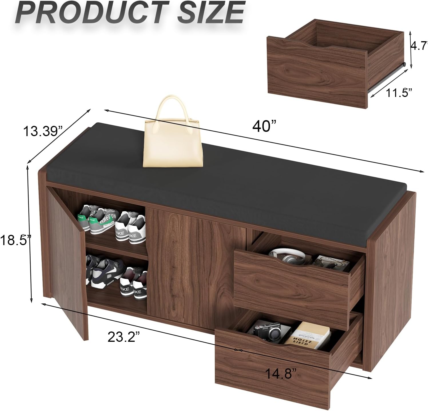 Walnut Oak 40" Entryway Shoe Storage Bench With Drawers