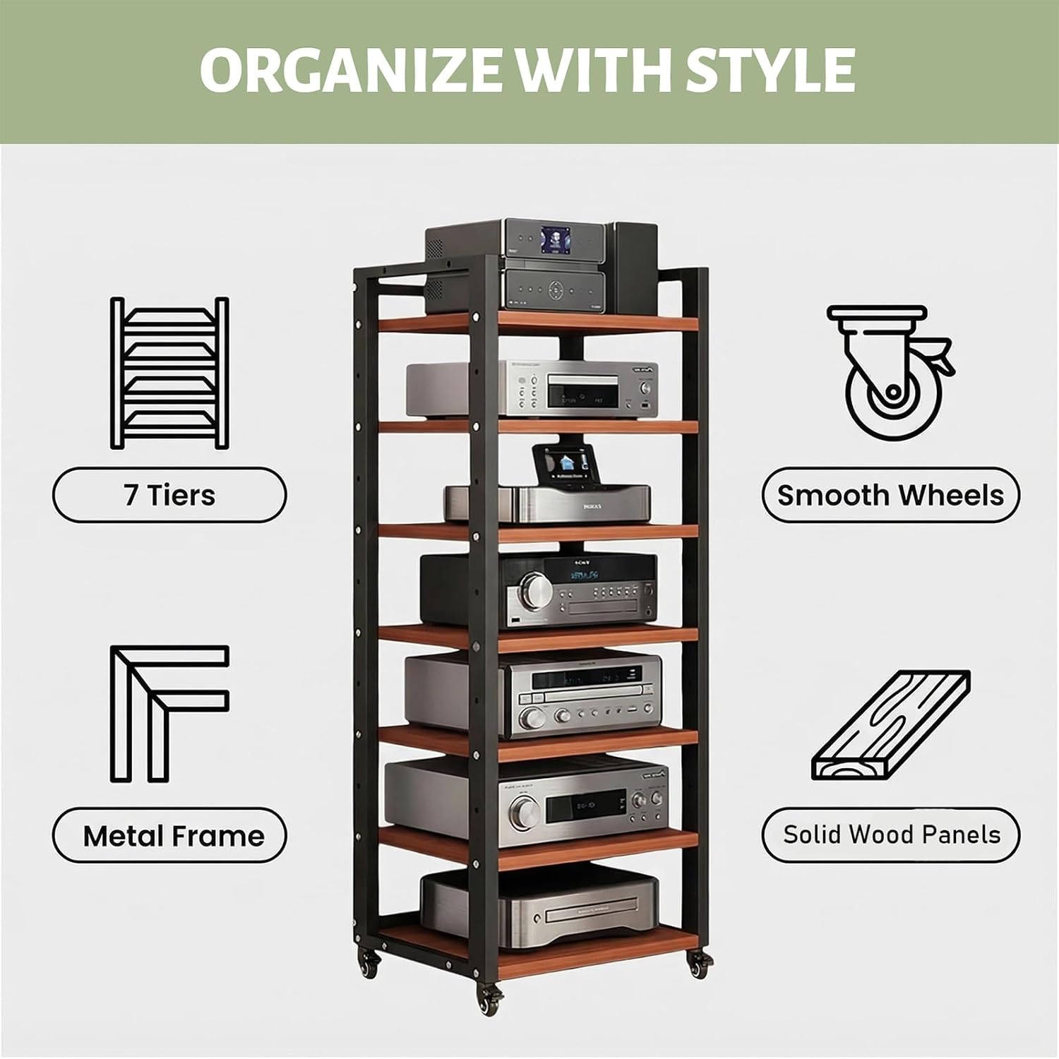7-Tier Rolling Audio Rack Stand