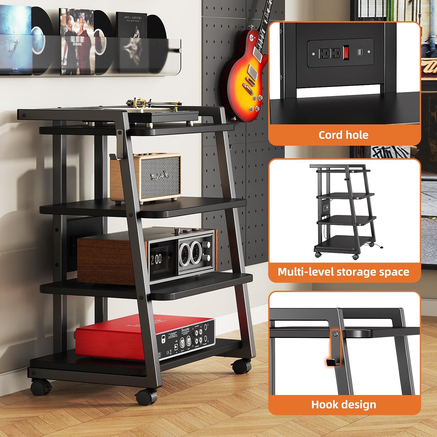 Black 4-Tier Rolling AV Stand