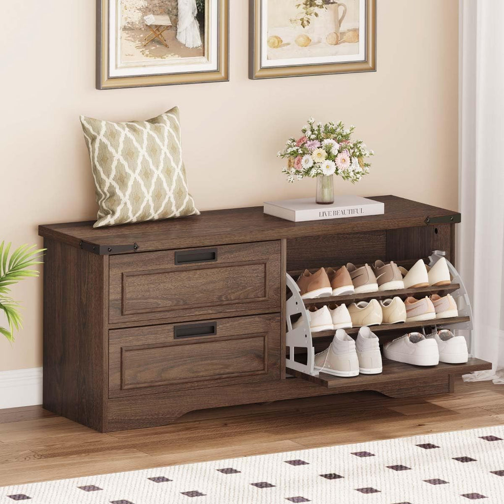 Dark Walnut Flip Door Drawer Shoe Storage Bench