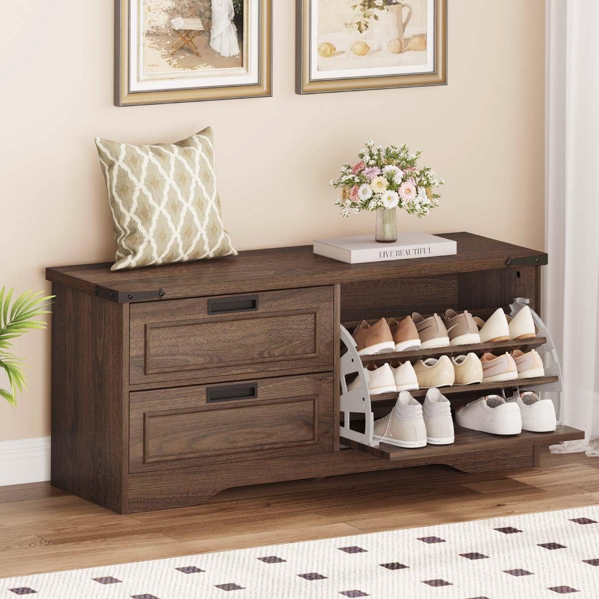 Dark Walnut Flip Door Drawer Shoe Storage Bench
