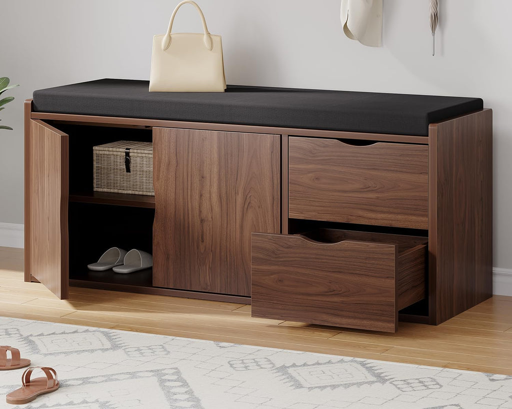 Walnut Oak 40" Entryway Shoe Storage Bench With Drawers