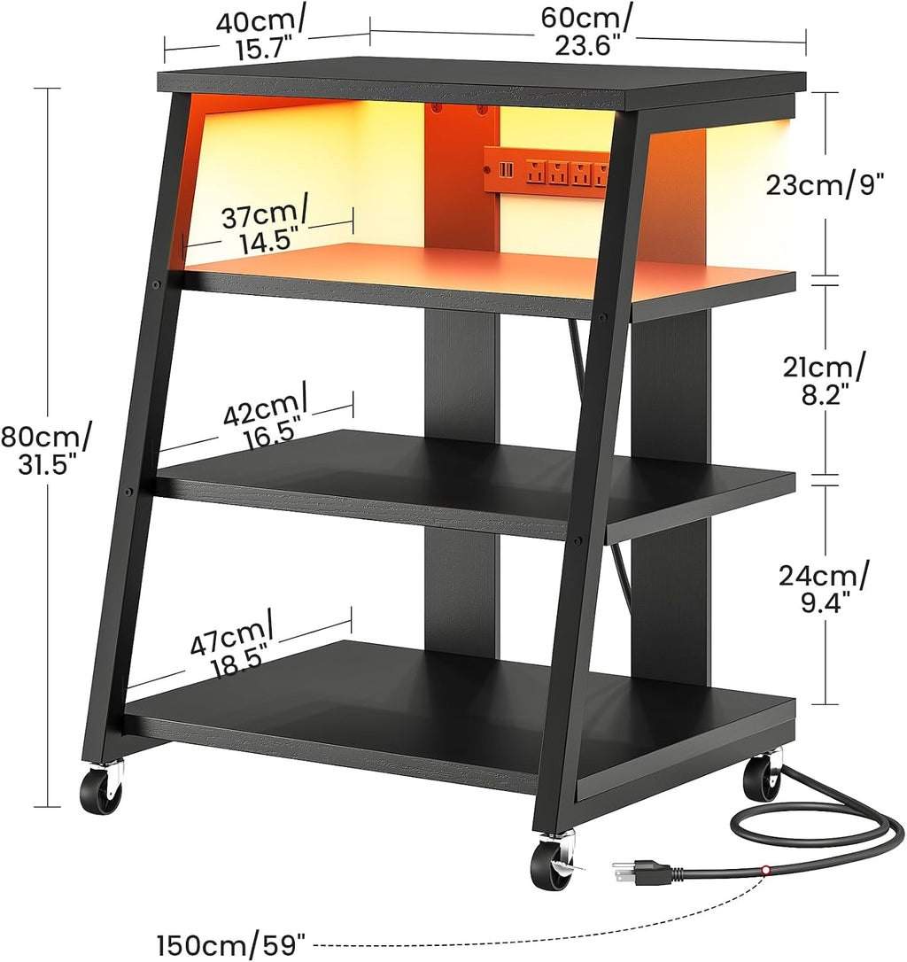 Black 4-Tier LED Rolling AV Stand