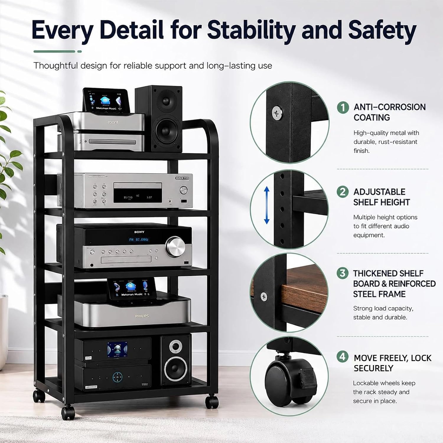 5-Tier Rolling Audio Rack Stand