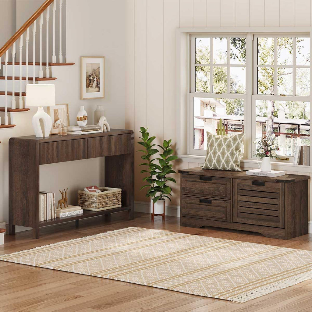 Dark Walnut Flip Door Drawer Shoe Storage Bench