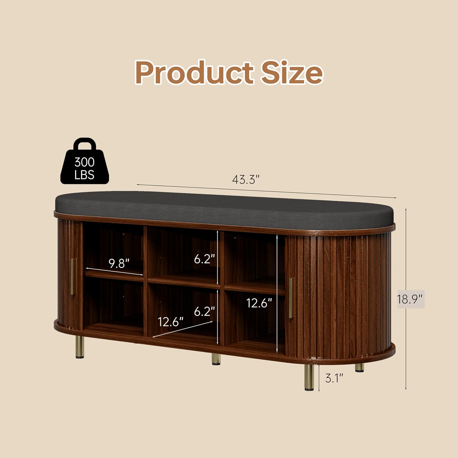 Walnut 43.3" Fluted Shoe Bench