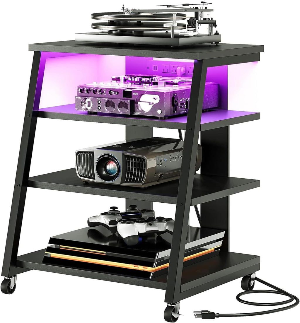 Black 4-Tier LED Rolling AV Stand