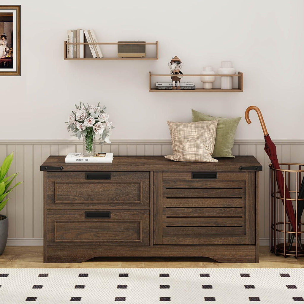 Dark Walnut Flip Door Drawer Shoe Storage Bench