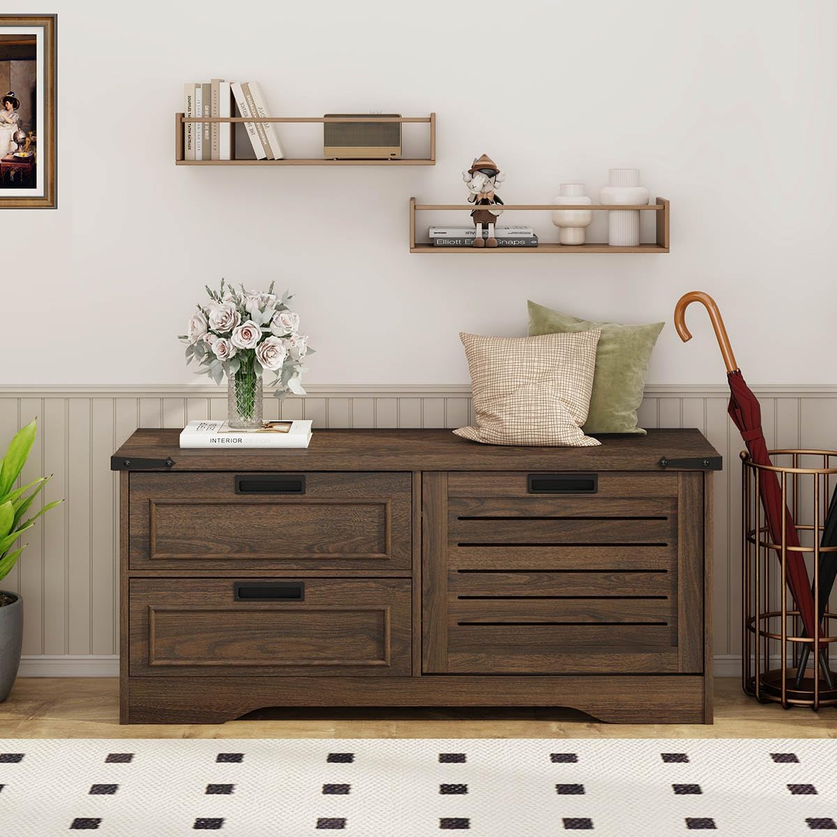 Dark Walnut Flip Door Drawer Shoe Storage Bench