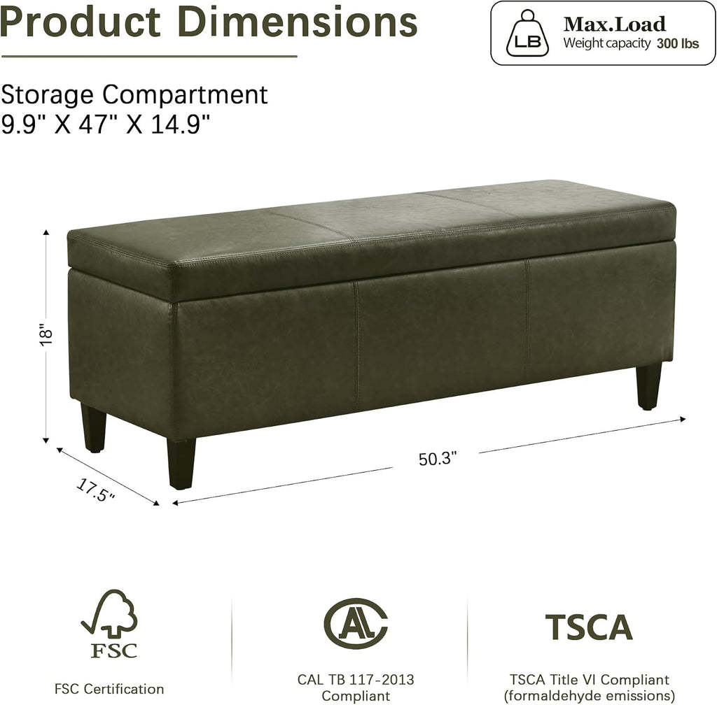 Green 50.3" Extra Long Faux Leather Storage Ottoman Bench