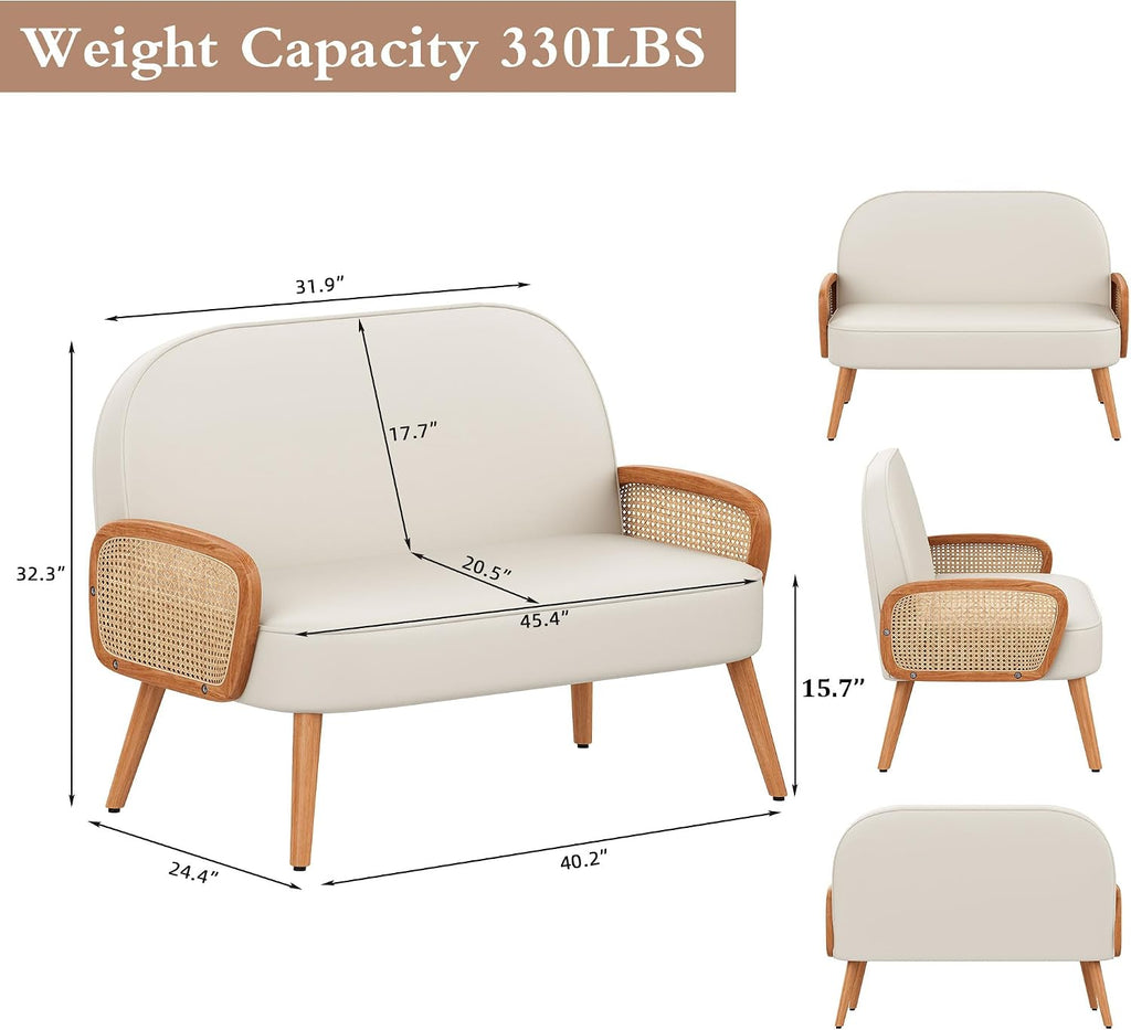 Beige Faux Leather Rattan Loveseat