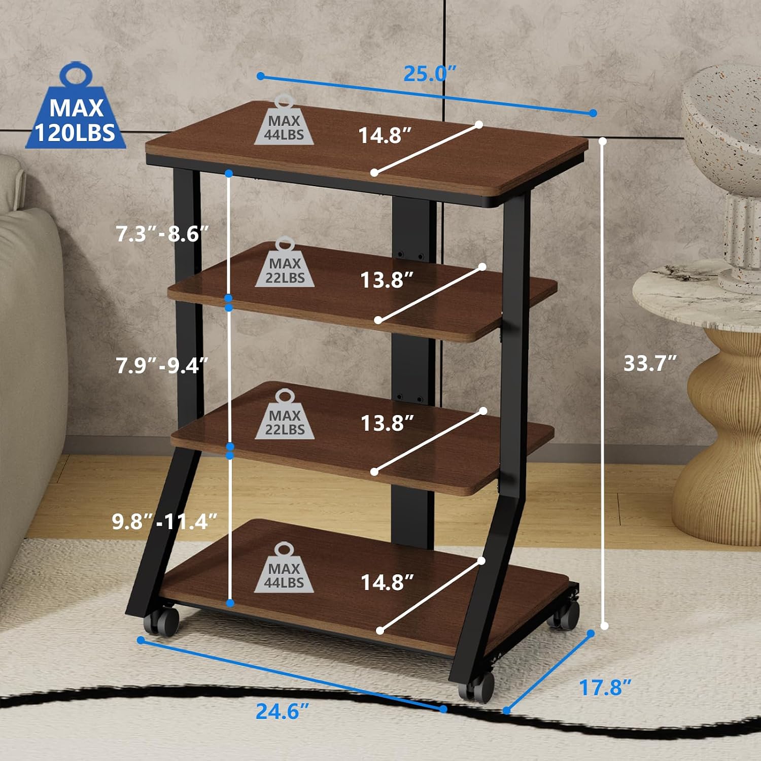 4-Tier Rolling AV Media Stand