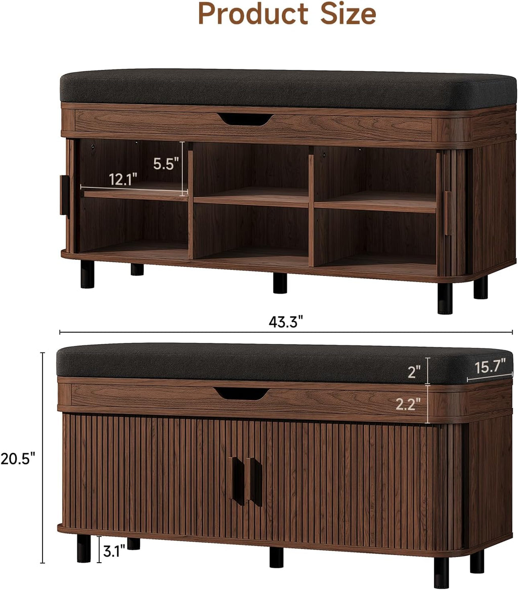 Walnut 43.3" Fluted Shoe Bench
