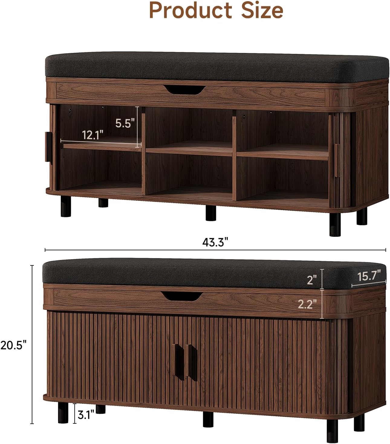 Walnut 43.3" Fluted Shoe Bench