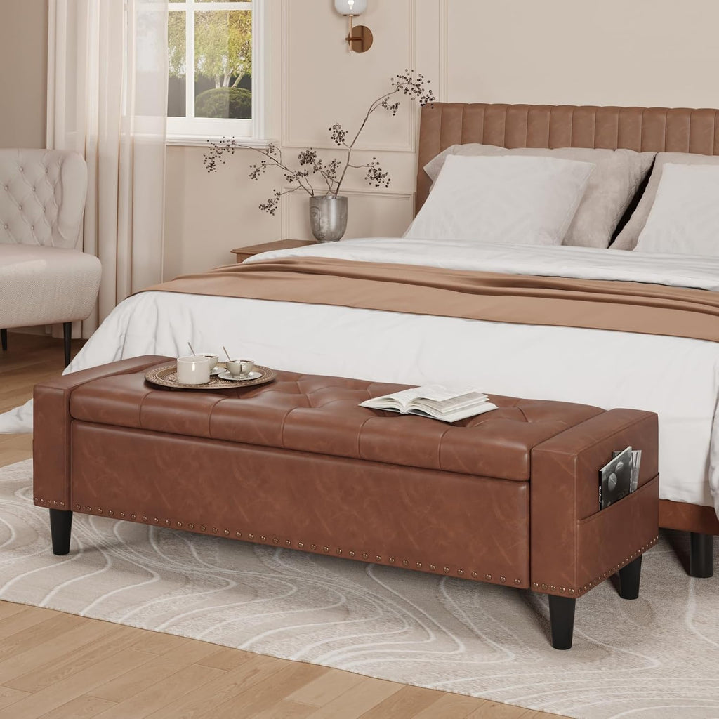Brown 60" Faux Leather Storage Bench