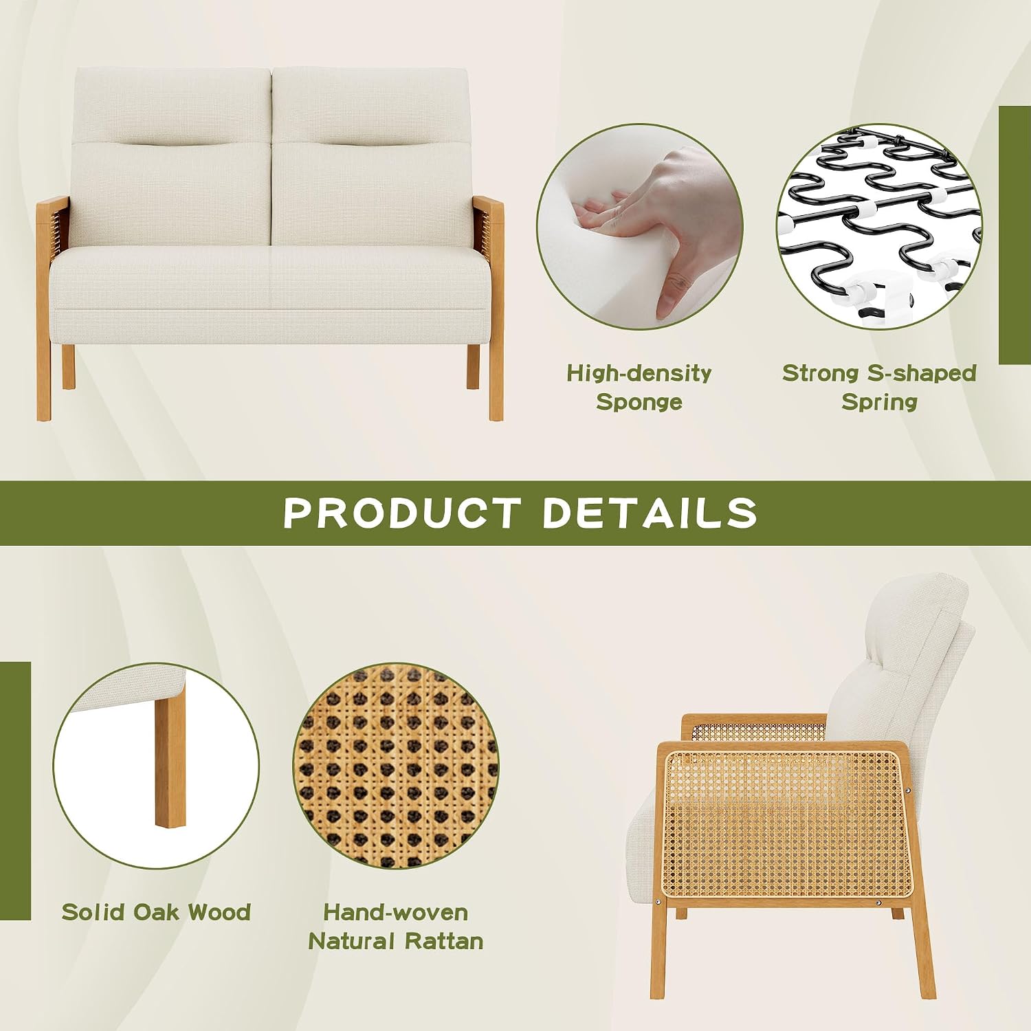 Beige Rattan Arm Small Loveseat