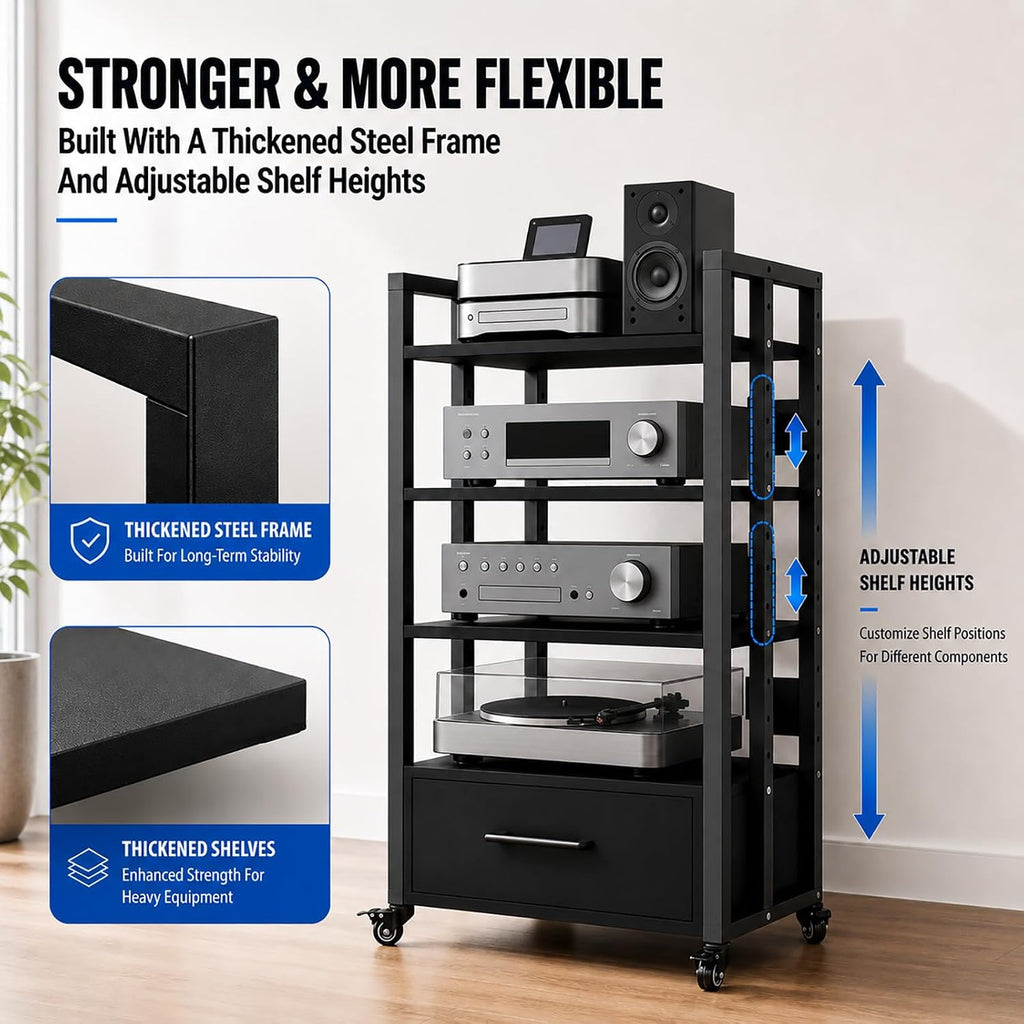 4-Tier Rolling Audio Rack with Drawer