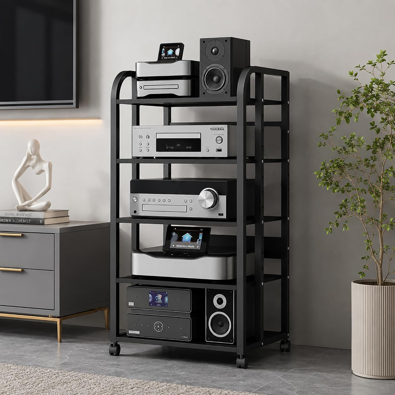 Black 5-Tier Rolling AV Stand