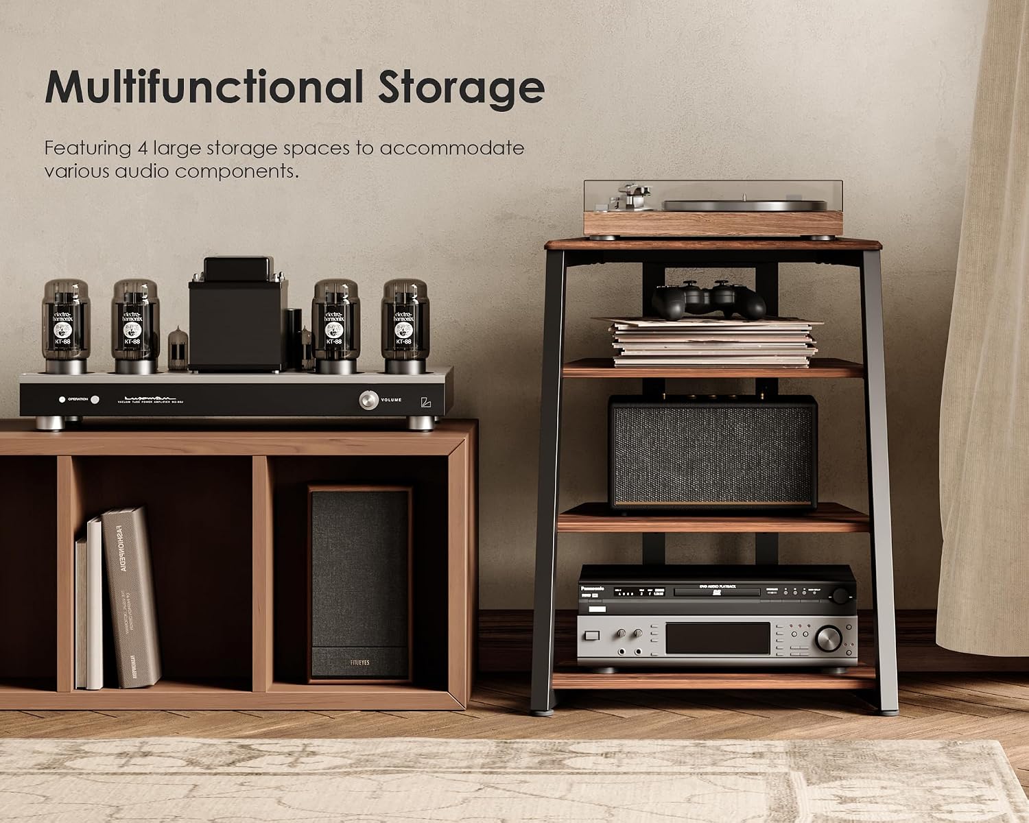 Walnut 4-Tier Corner Audio Rack