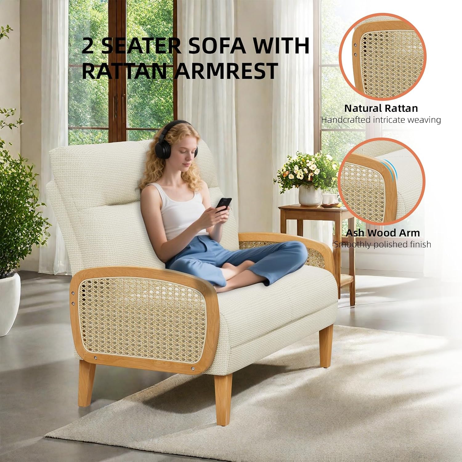 Beige Rattan Linen Loveseat