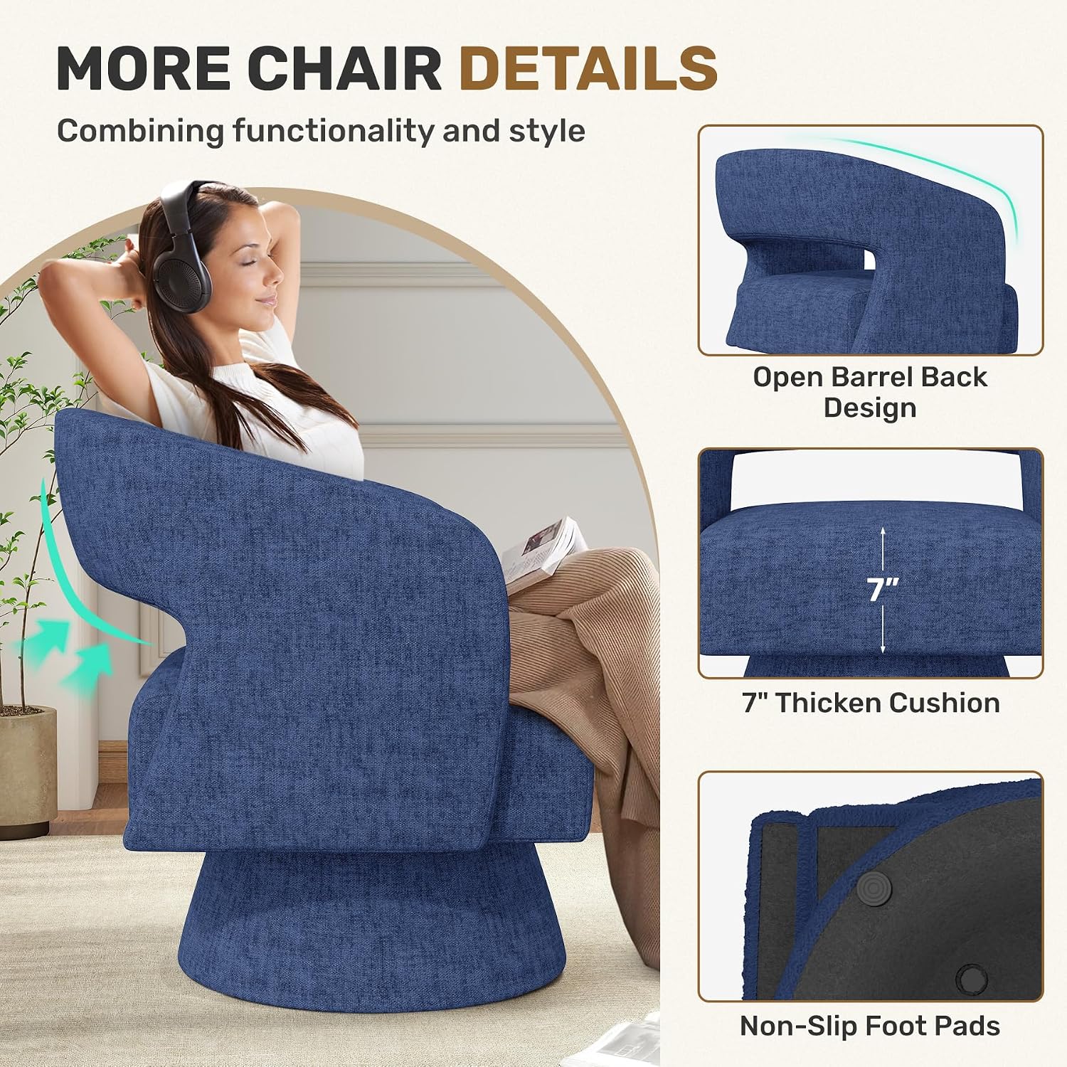 Blue Chenille Oversized Swivel Barrel Chair