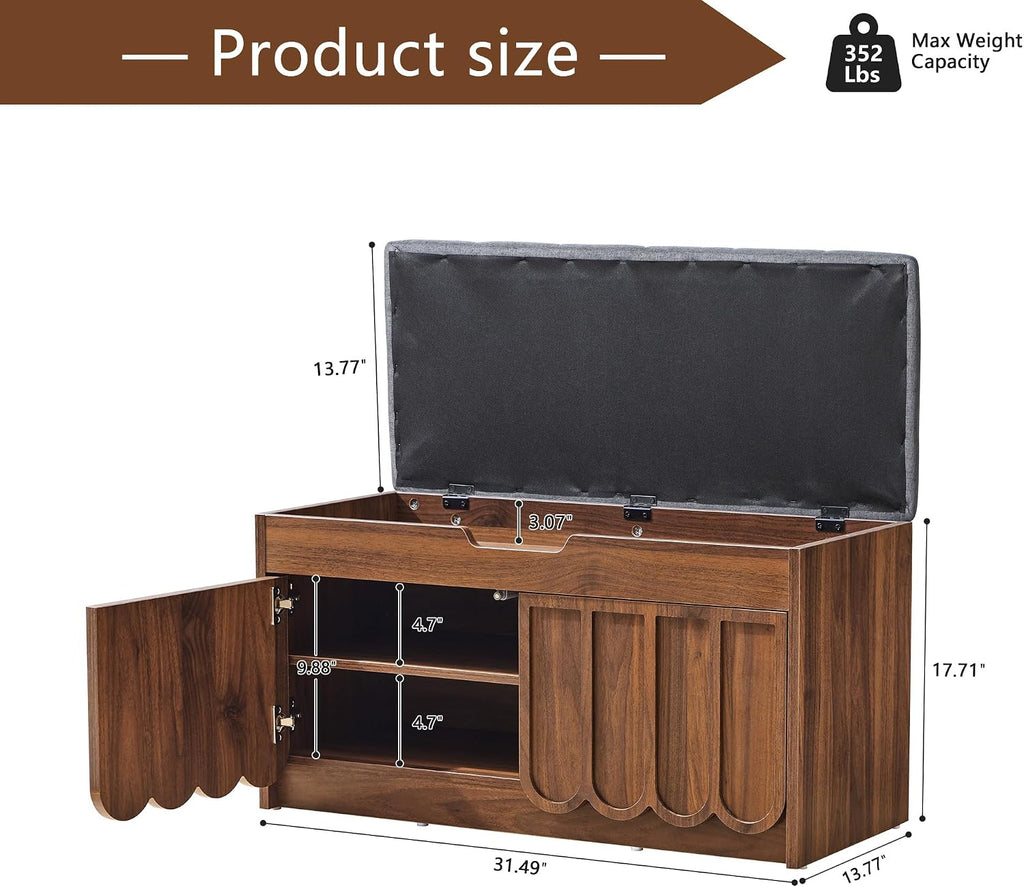 Walnut Scalloped Shoe Storage Bench