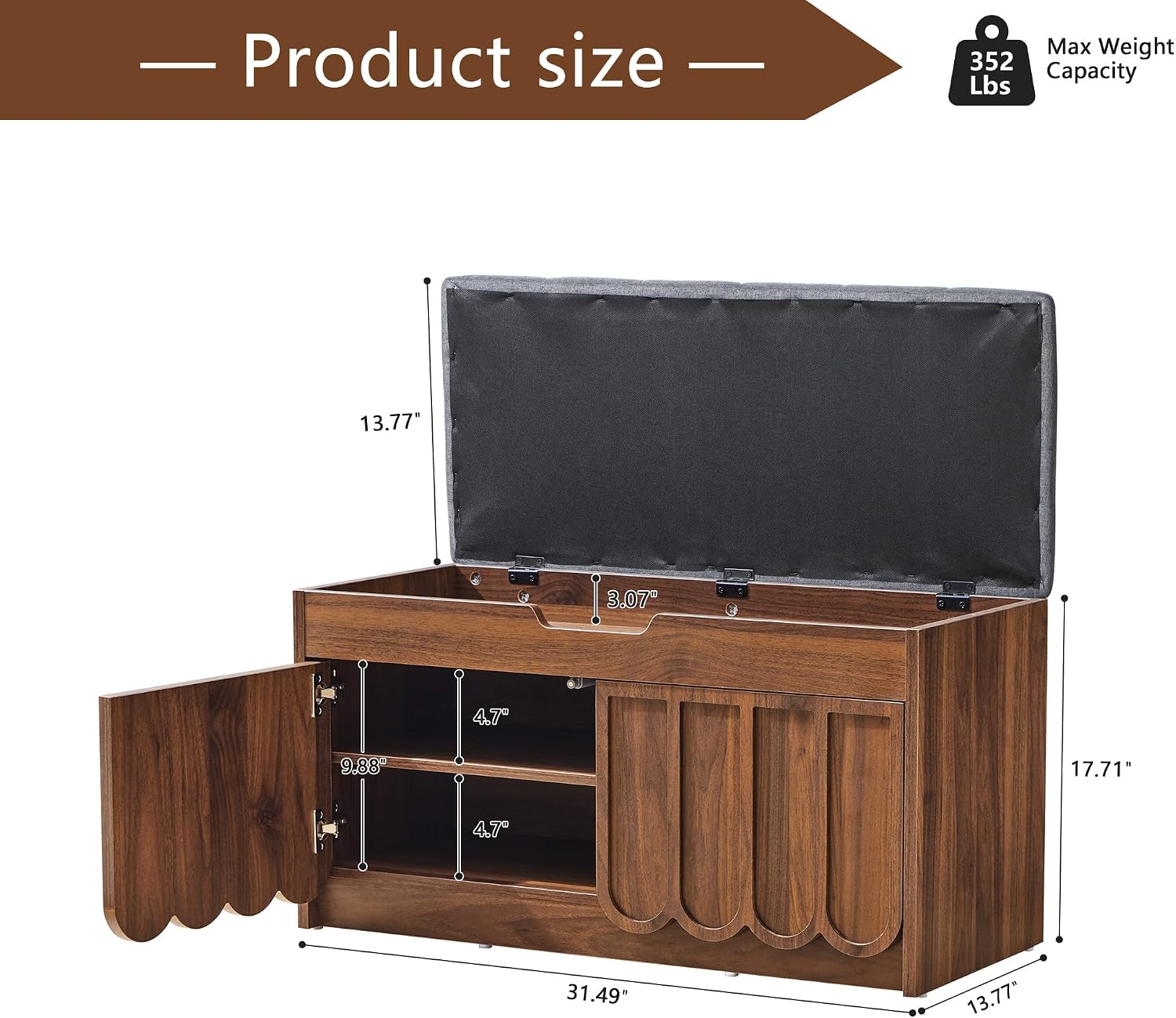 Walnut Scalloped Shoe Storage Bench
