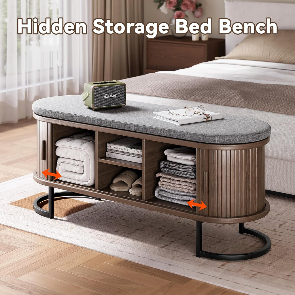 Walnut 47.2" Sliding Door Shoe Bench